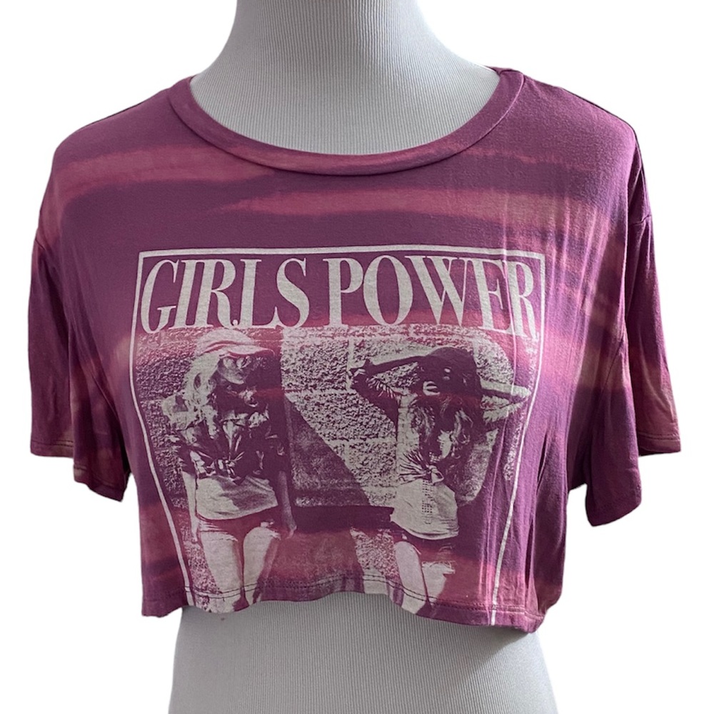 Mauve Pink Purple Tie Dye Cropped Top GIRLS POWER Short Sleeve Cream Graphic Tee